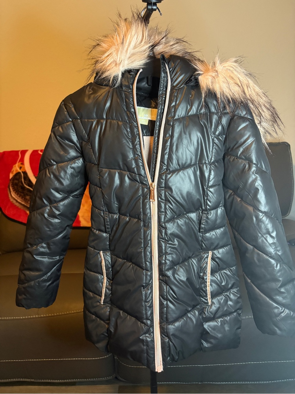 Youth girls size 10 Black Puffer Coat with Faux Fur Trim - Quilted Winter Jacket